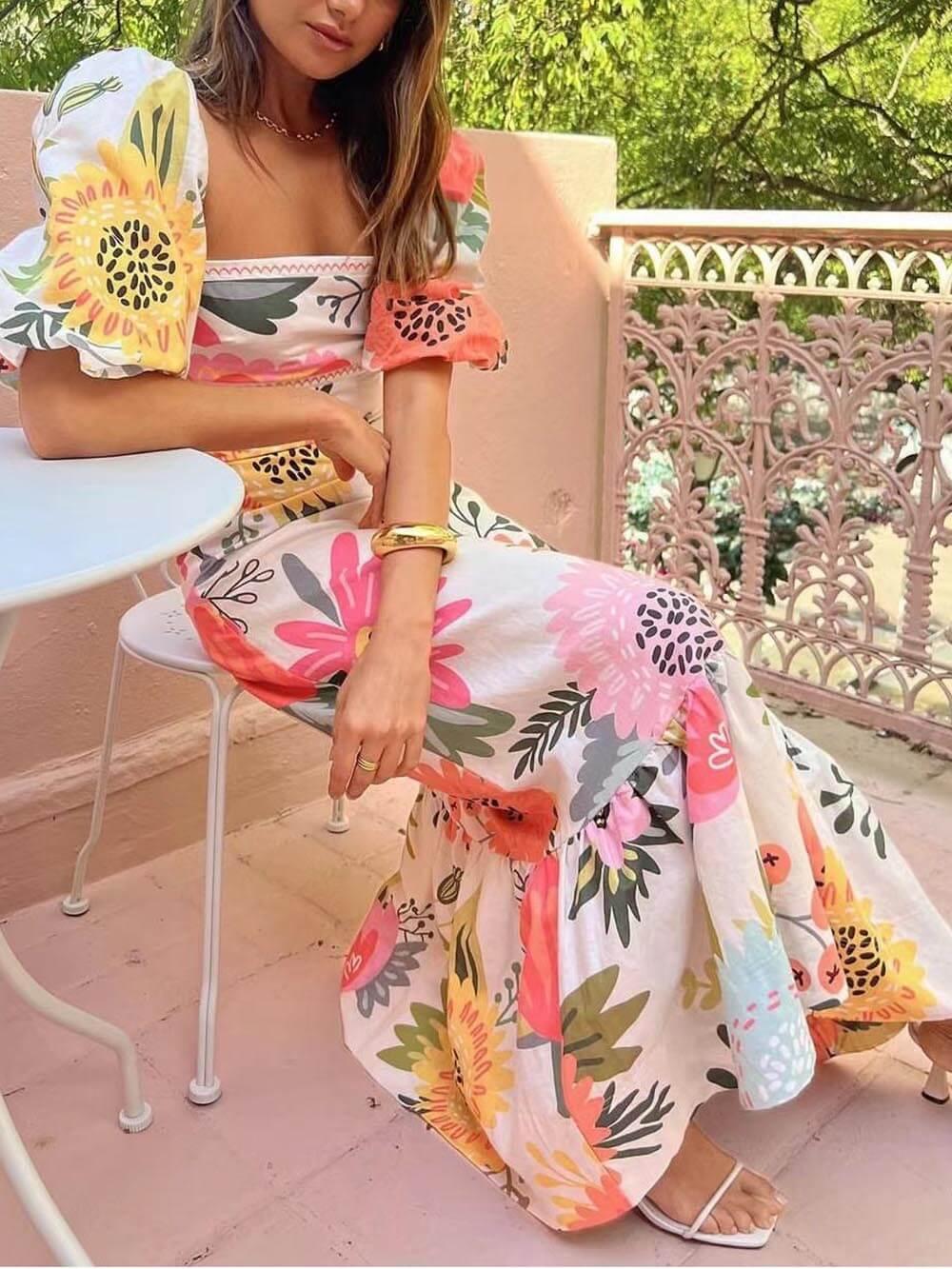 Ivy | Maxi Jurk met Bloemenprint en Vierkante Hals voor de Vakantie