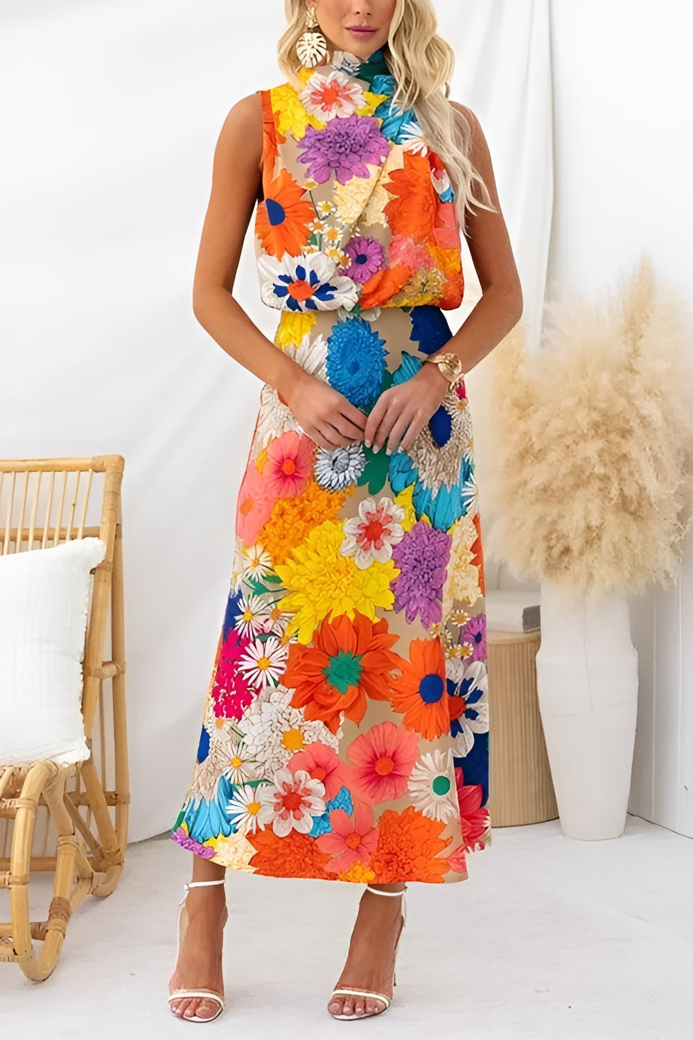 Zomer | Mouwloze maxi-jurk met strik en bloemenprint