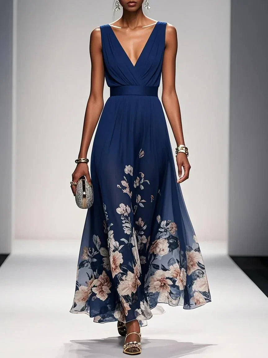 Roze | Maxi Chiffon Jurk met Lichte Bloemen en V-Hals