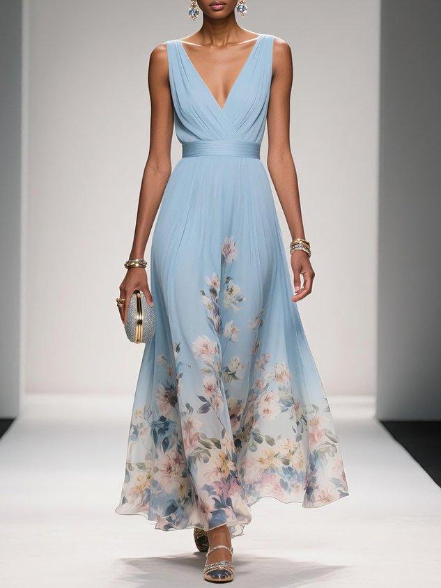 Roze | Maxi Chiffon Jurk met Lichte Bloemen en V-Hals