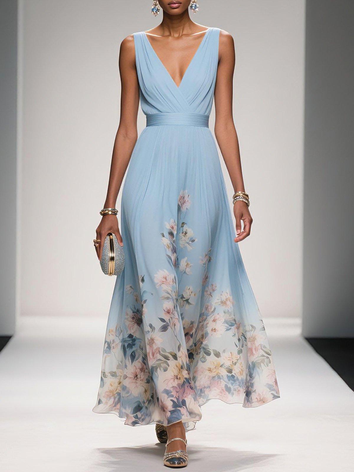 Roze | Maxi Chiffon Jurk met Lichte Bloemen en V-Hals