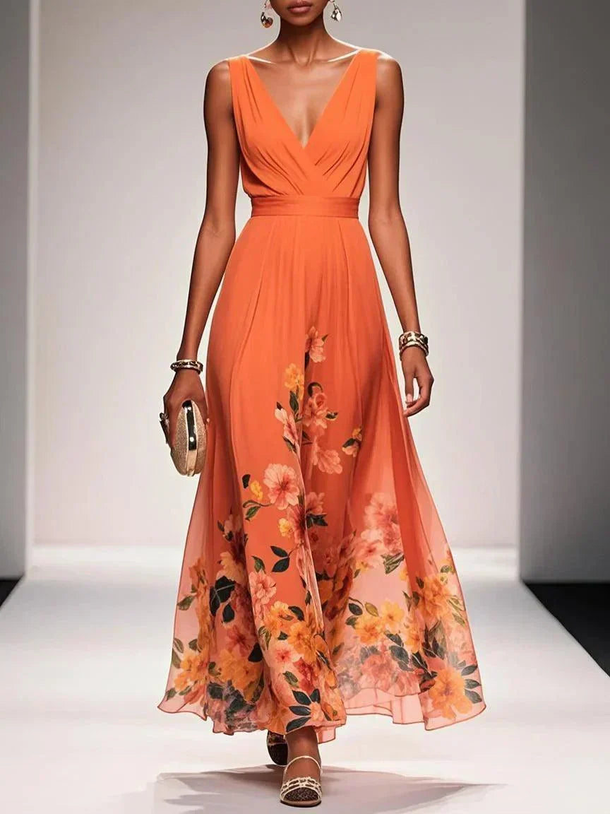 Roze | Maxi Chiffon Jurk met Lichte Bloemen en V-Hals