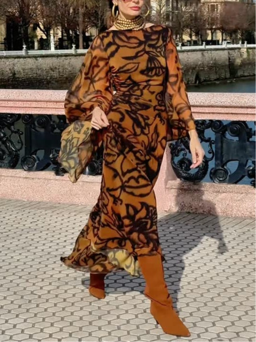 Ashley | Lange bruine gedrukte jurk Beach Glam