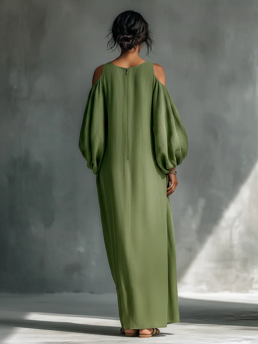 Anika | Maxi Jurk met Puff Mouwen in Groen