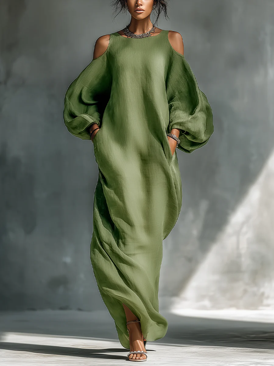 Anika | Maxi Jurk met Puff Mouwen in Groen