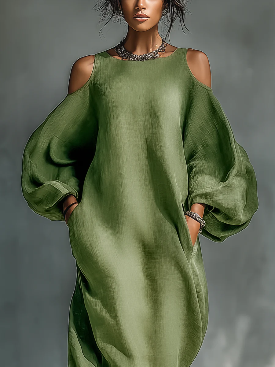 Anika | Maxi Jurk met Puff Mouwen in Groen