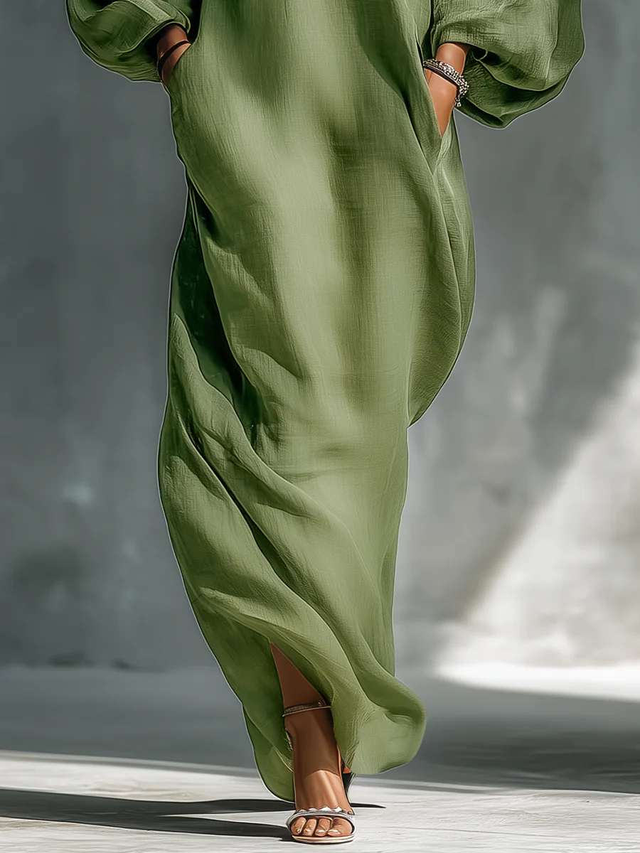 Anika | Maxi Jurk met Puff Mouwen in Groen