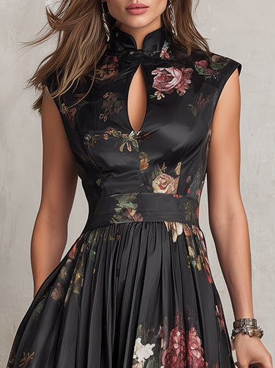 Patricia | Midi Plissé Jurk in Zwart Bloemen Satijn