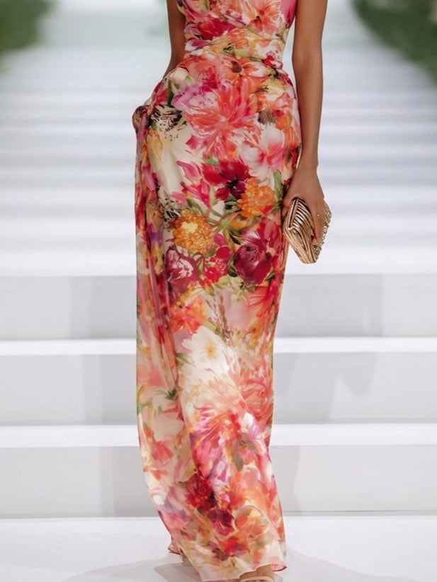 Fae | Maxi Jurk Zonder Mouwen in Rode Chiffon met Bloemen