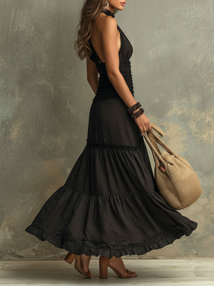 Susie | Maxi-jurk van kant met volants en hoge kraag boho