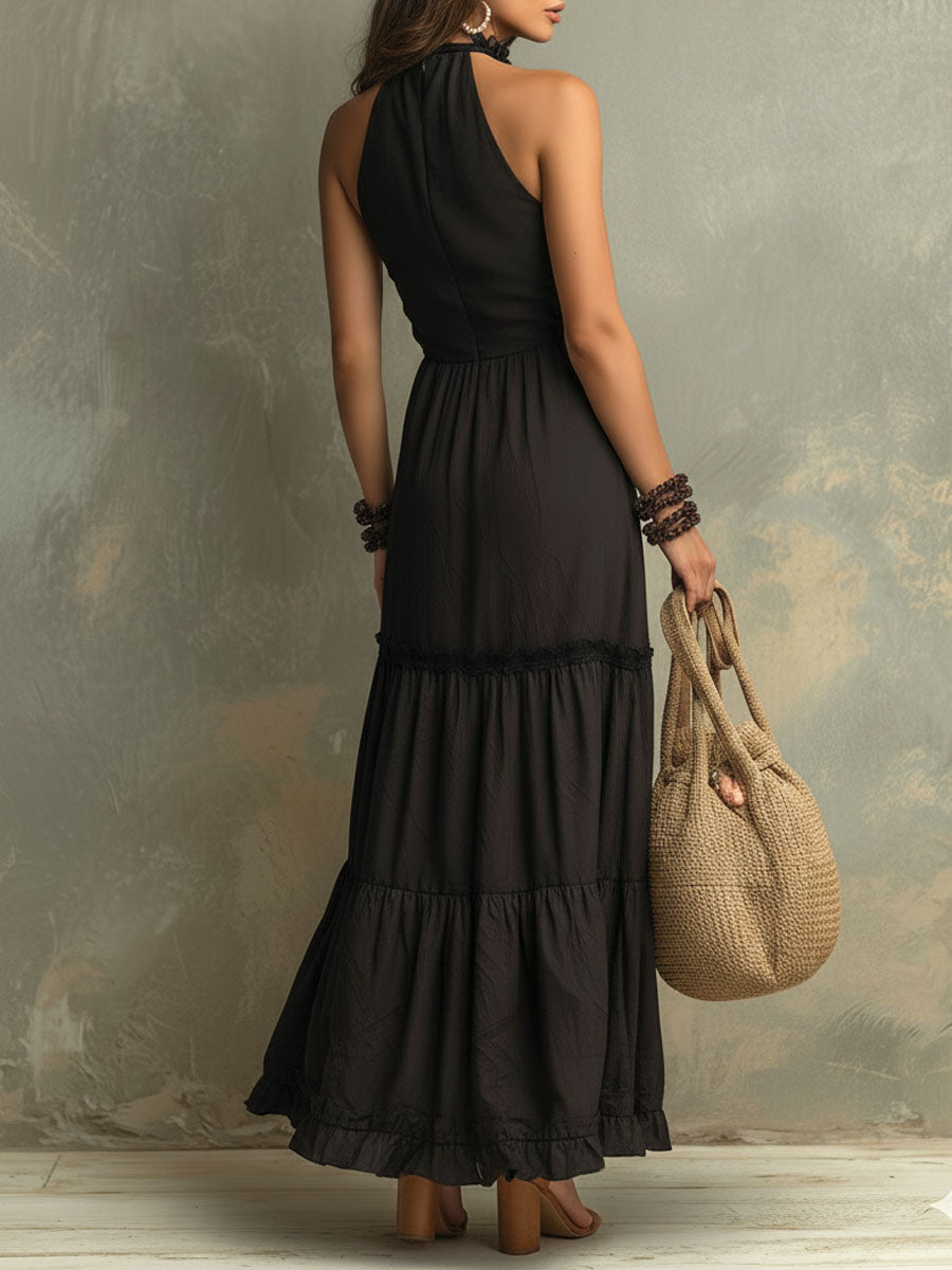 Susie | Maxi-jurk van kant met volants en hoge kraag boho
