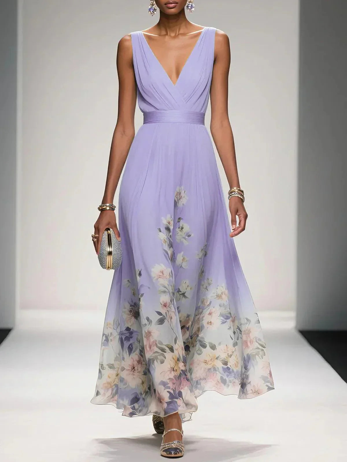 Roze | Maxi Chiffon Jurk met Lichte Bloemen en V-Hals