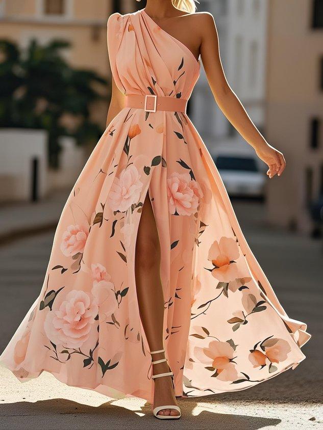 Julie | Maxi Chiffon Jurk met Bloemen in Lichtgroen met Één Schouder