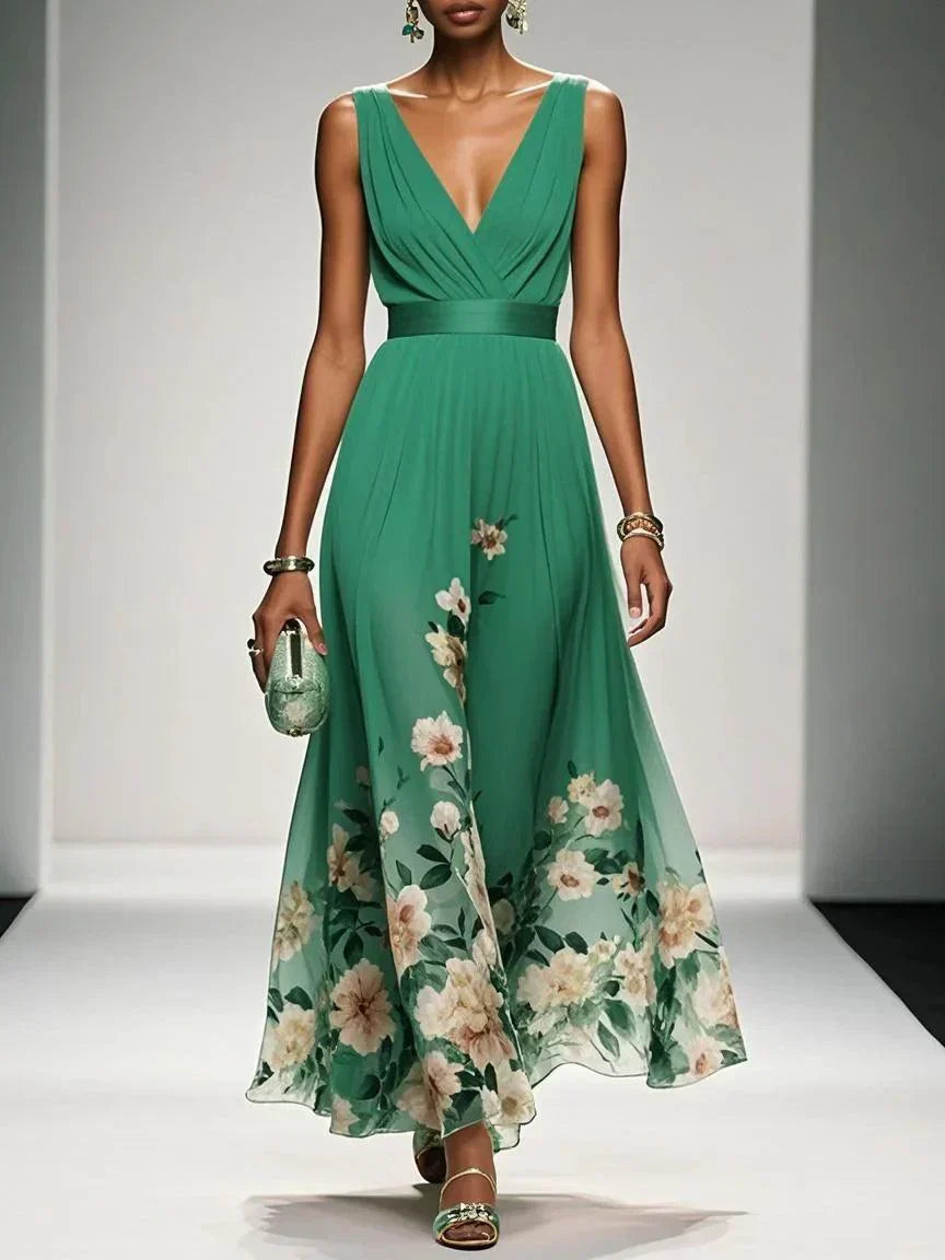 Roze | Maxi Chiffon Jurk met Lichte Bloemen en V-Hals