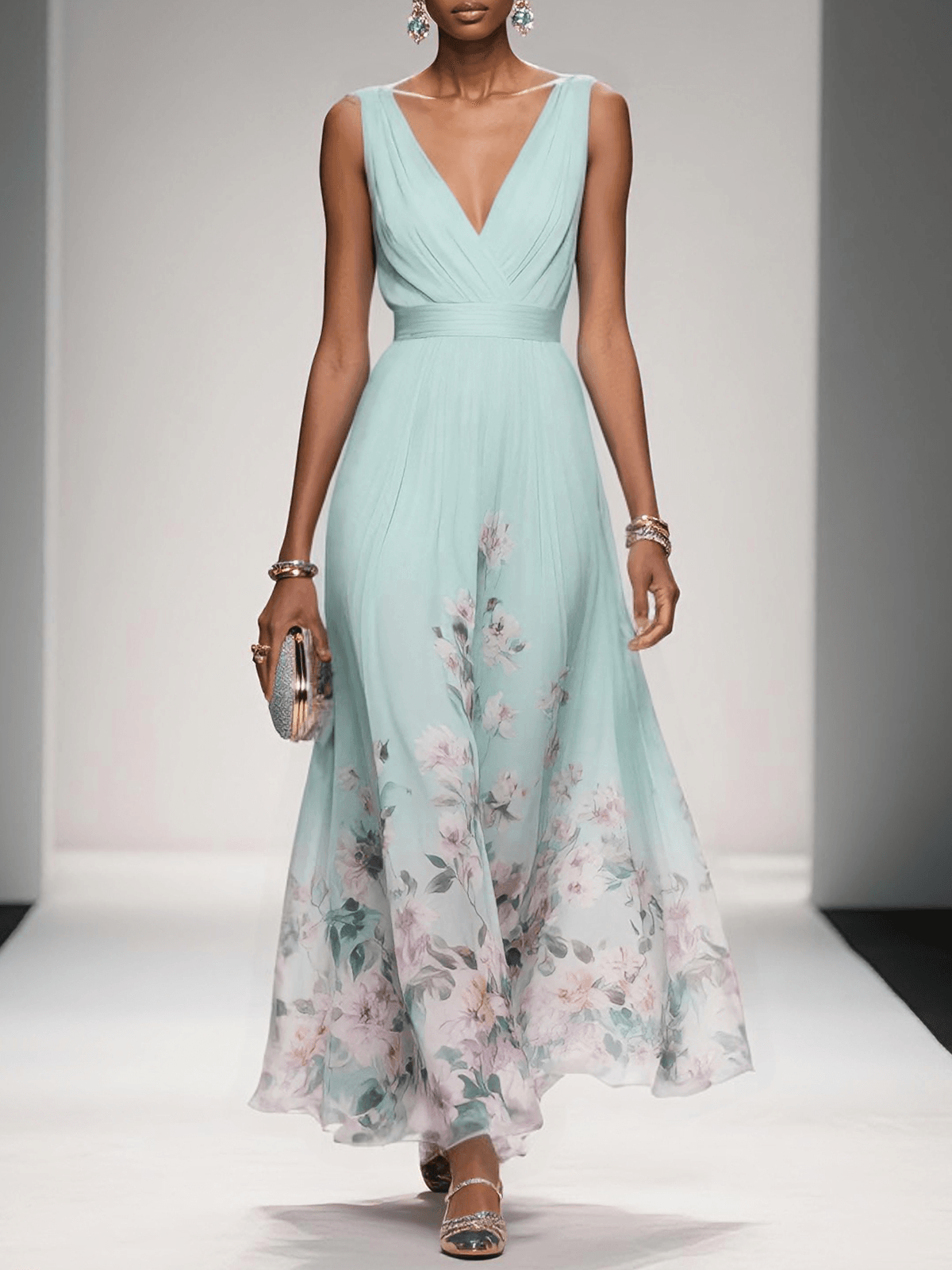 Roze | Maxi Chiffon Jurk met Lichte Bloemen en V-Hals