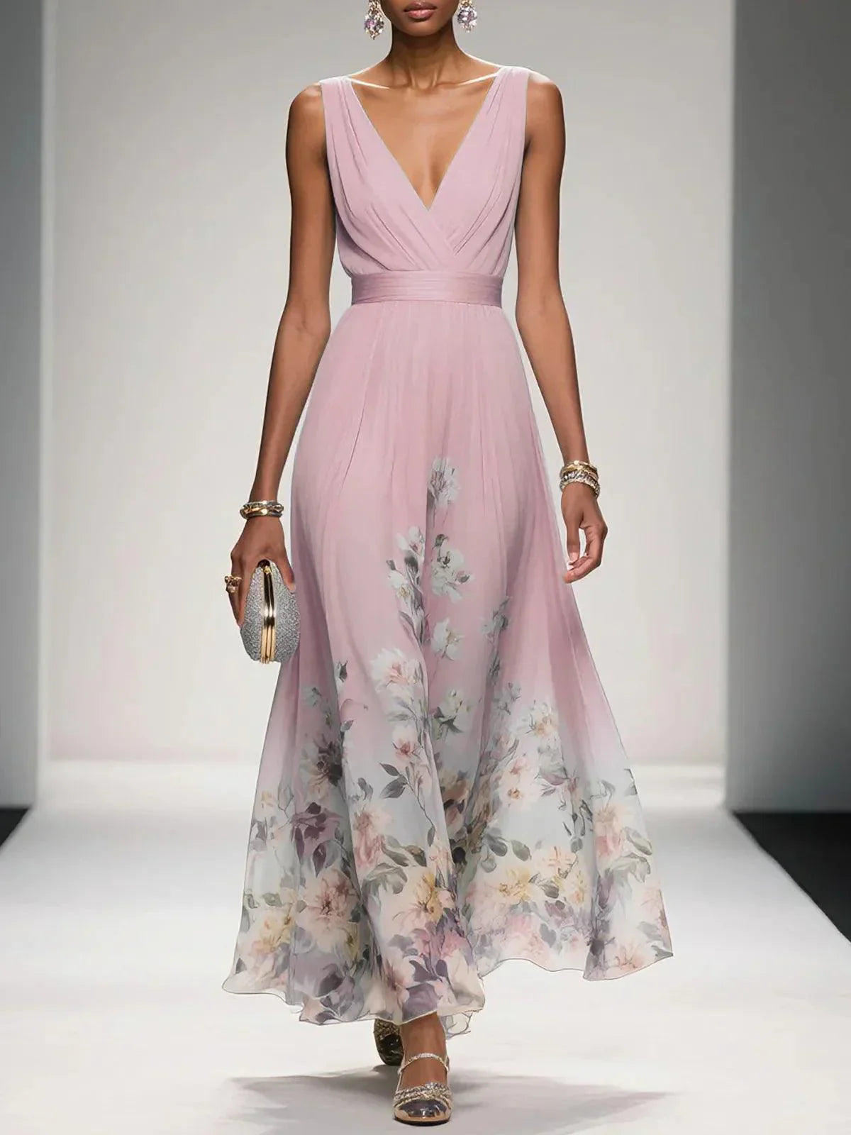 Roze | Maxi Chiffon Jurk met Lichte Bloemen en V-Hals