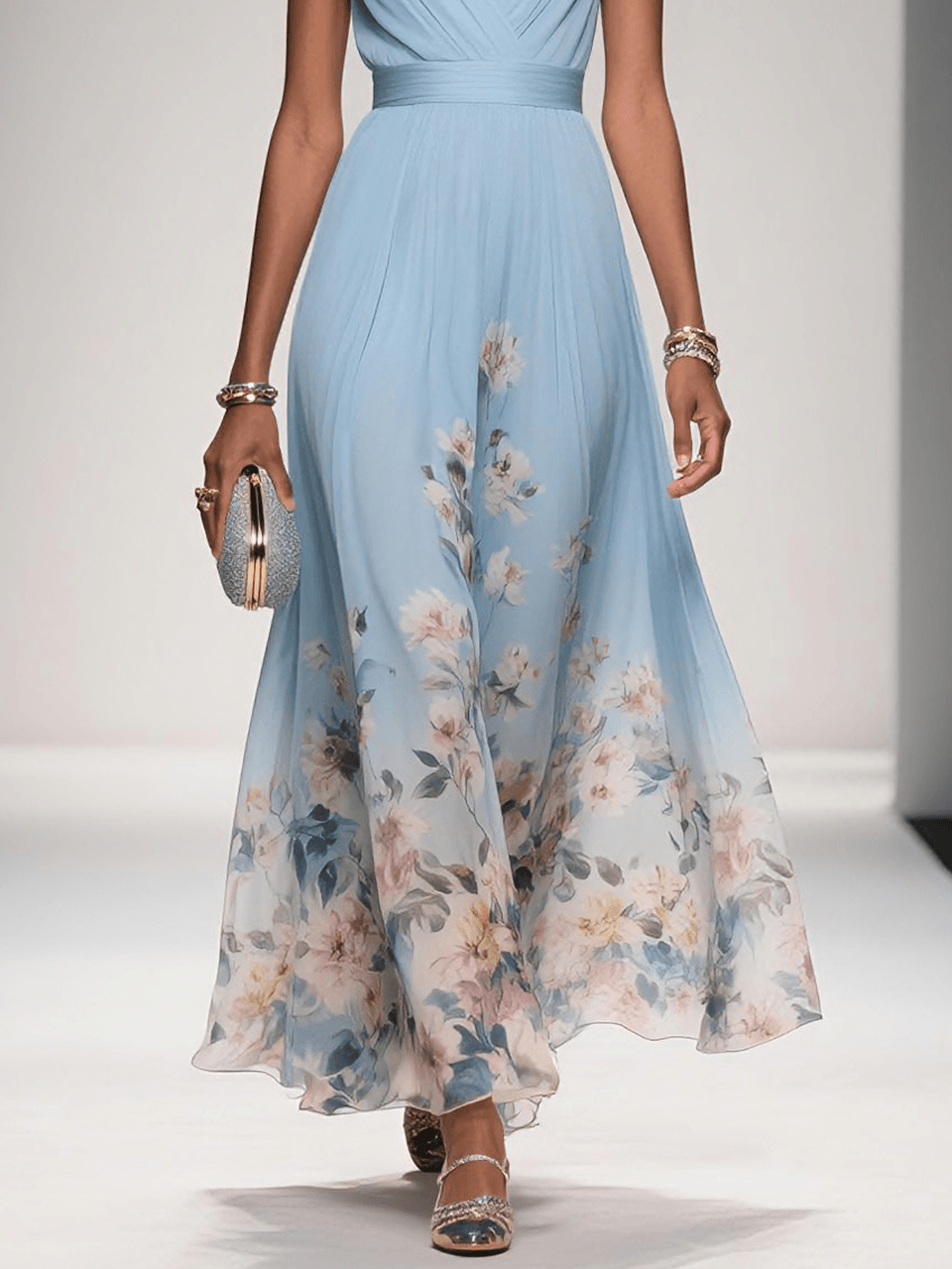 Roze | Maxi Chiffon Jurk met Lichte Bloemen en V-Hals
